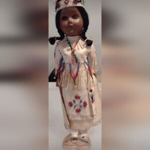 Vintage Early 50s Native American Sleepy Eye Dolls, one w baby in Papoose